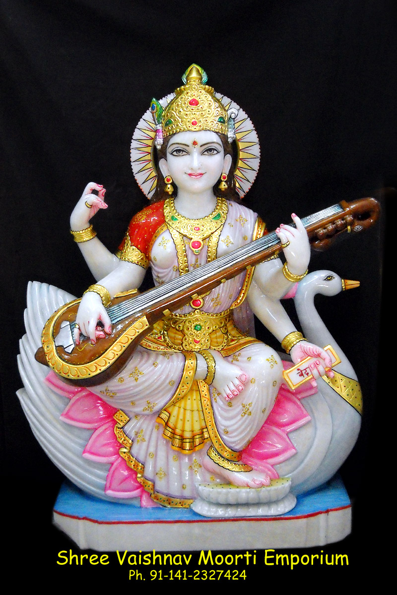 Colorful Saraswati Maa Marble Statues