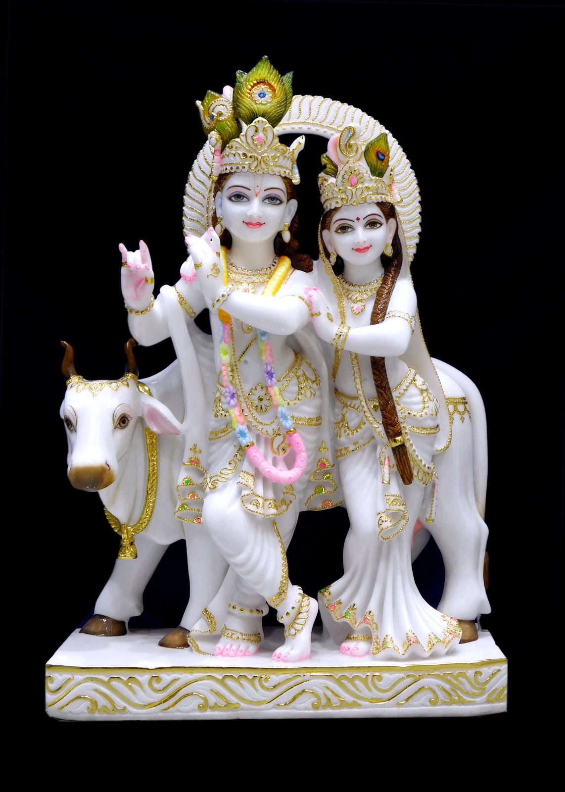 Radha Krishna Marble Moorti Standing With Cow