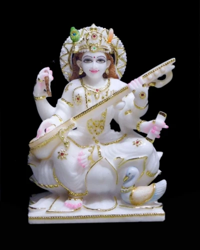 Golden Colored White Marble Saraswati Maa Marble Statue